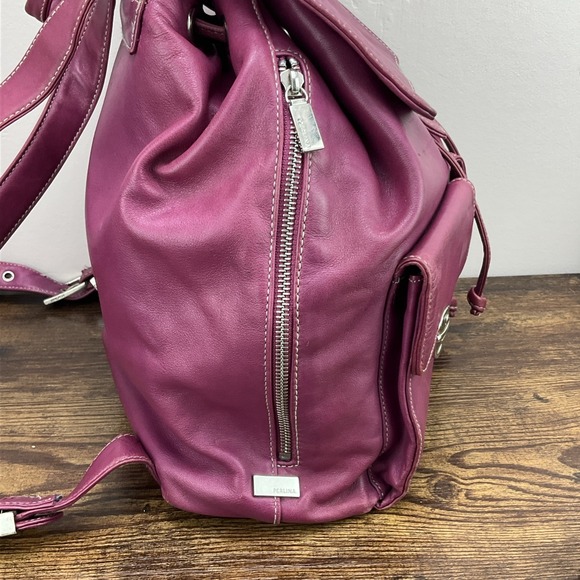 Perlina Magenta Leather Backpack With Flap Drawstring Closure Side Zipper VTG main image 8